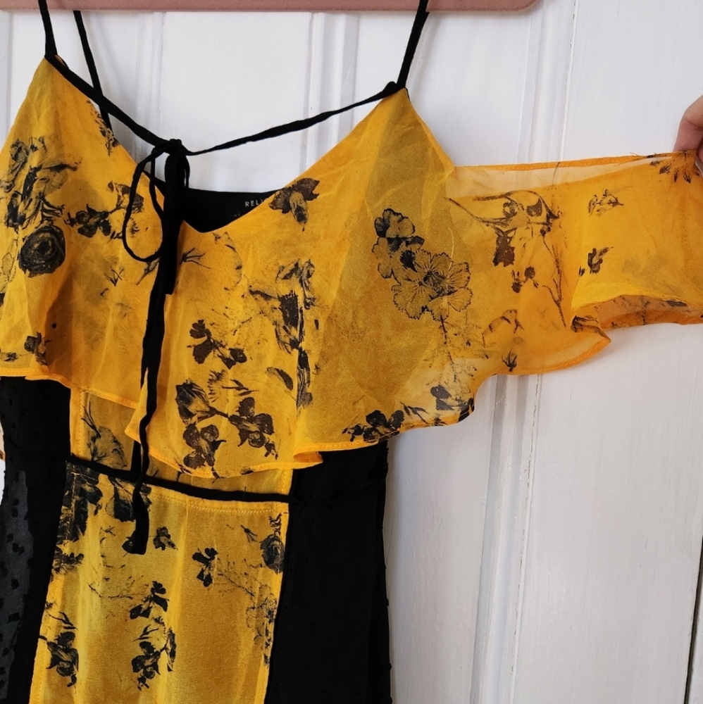 Religion Off Shoulder Yellow Floral Ruffle And Black Swiss Dot Maxi Dress - Picture 4 of 11